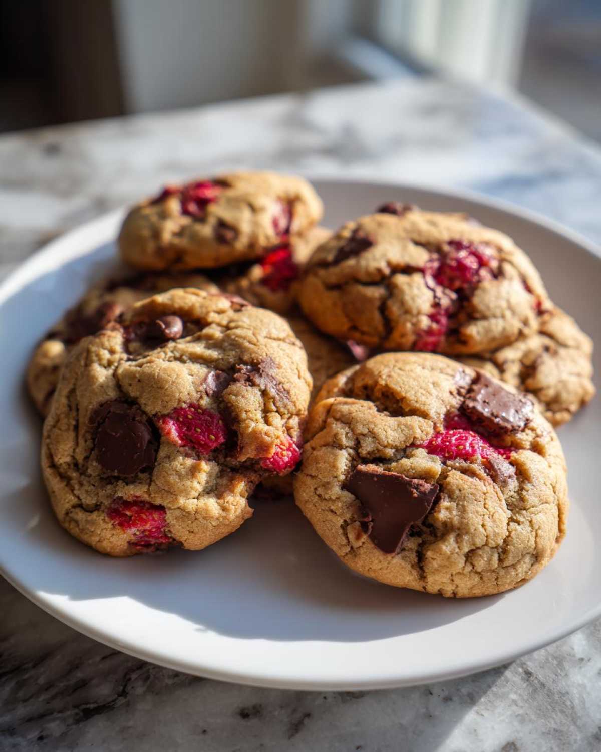 A close-up of several soft Gluten-Free Strawberry Chocolate Chip Cookies piled on a white plate.