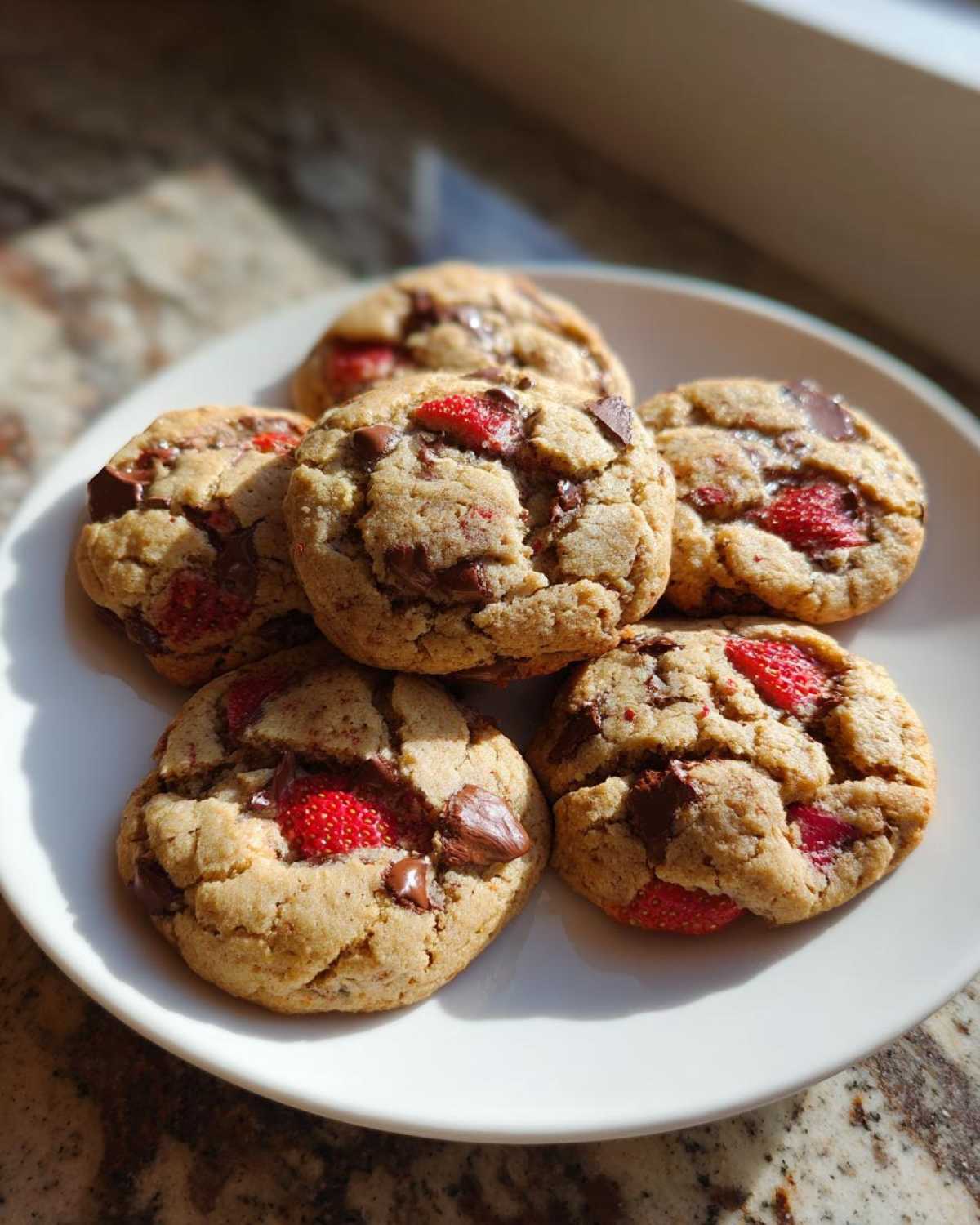 A stack of six soft Gluten-Free Strawberry Chocolate Chip Cookies with melted chocolate chunks and visible strawberry pieces on a white plate.