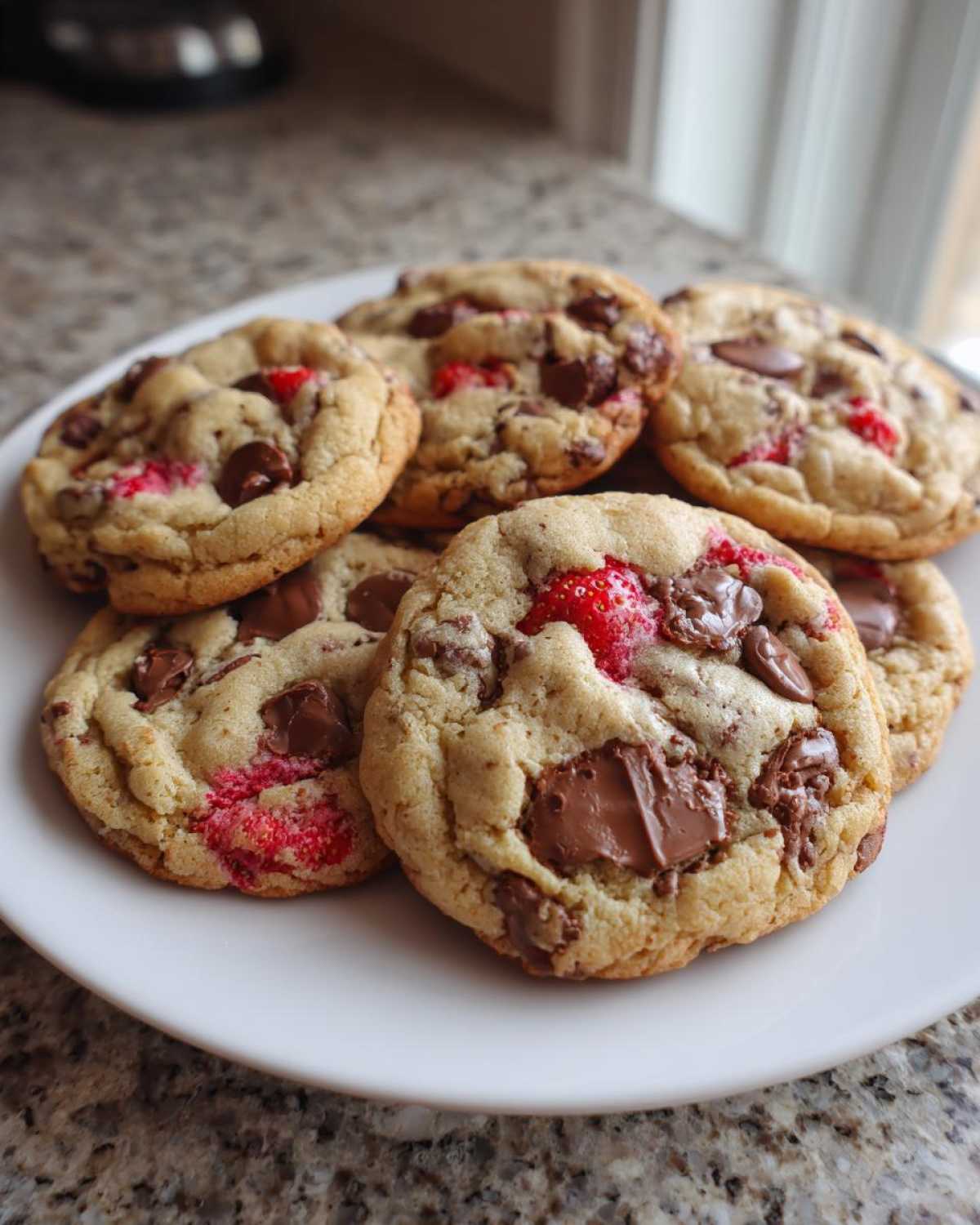 A stack of freshly baked Gluten-Free Strawberry Chocolate Chip Cookies loaded with chocolate chunks and bright red strawberry pieces.