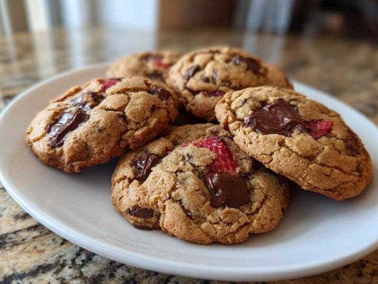 A stack of freshly baked Gluten-Free Strawberry Chocolate Chip Cookies with melted chocolate chunks on a white plate.