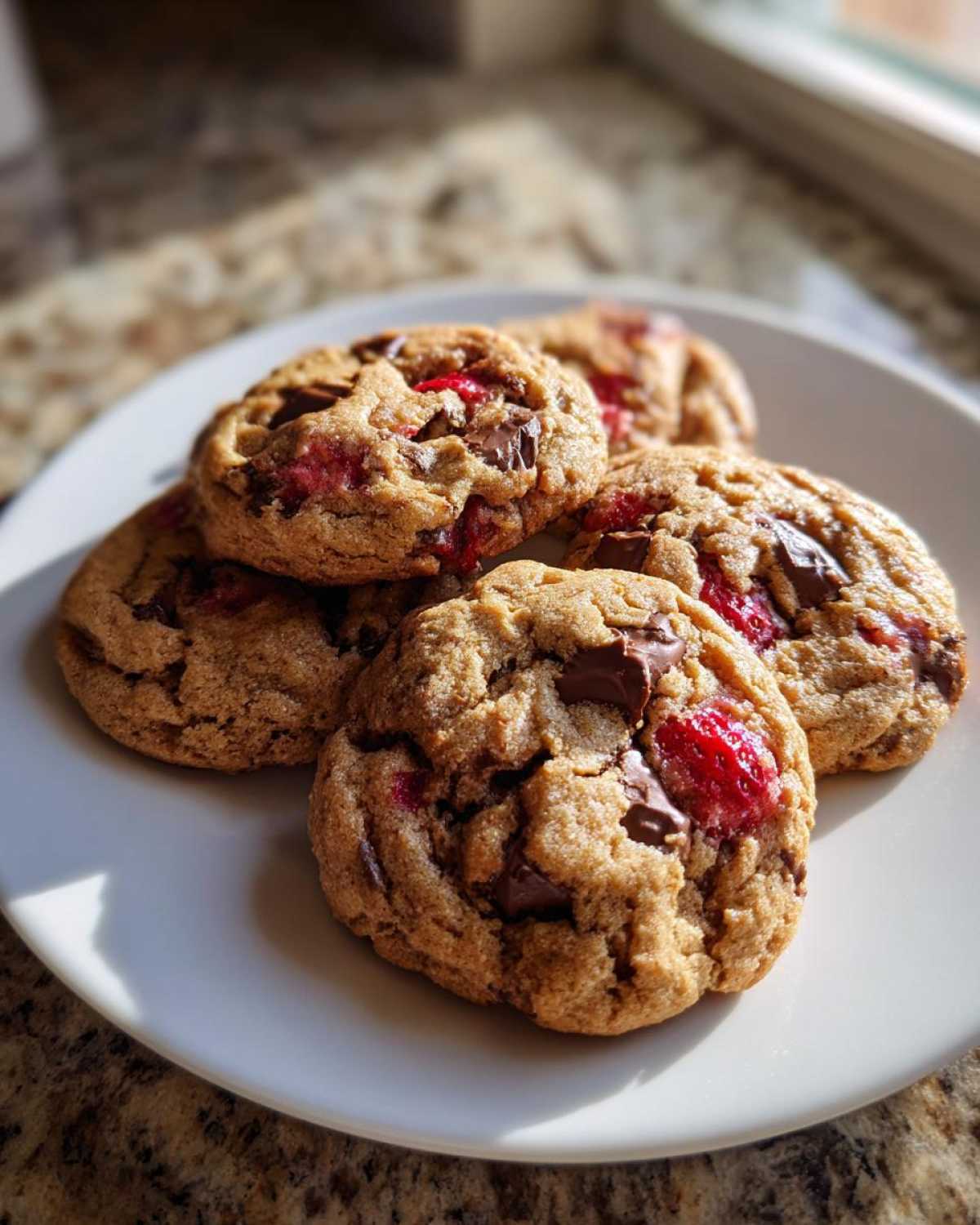 A stack of warm Gluten-Free Strawberry Chocolate Chip Cookies with visible chocolate chunks and bright red strawberry pieces on a white plate.