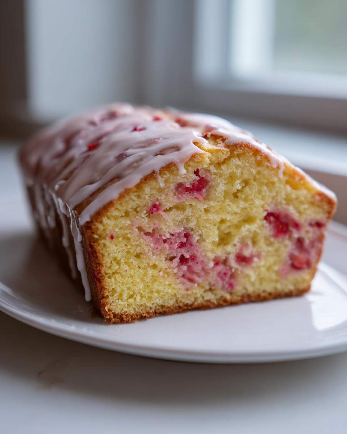 A cross-section of Gluten-Free Strawberry Lemon Pound Cake topped with a white lemon glaze.