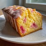 A close-up of a moist slice of Gluten-Free Strawberry Lemon Pound Cake, topped with a white glaze and featuring visible pieces of strawberry.