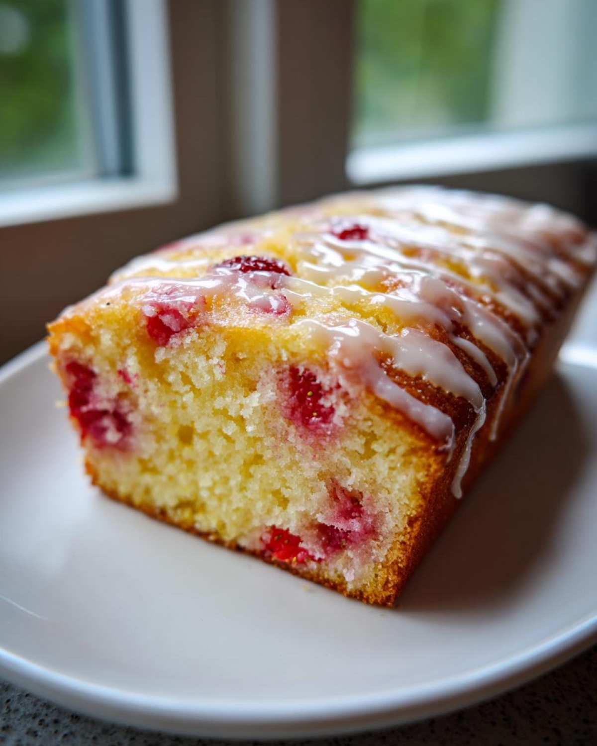A slice of moist Gluten-Free Strawberry Lemon Pound Cake with visible strawberries and a lemon glaze drizzle.