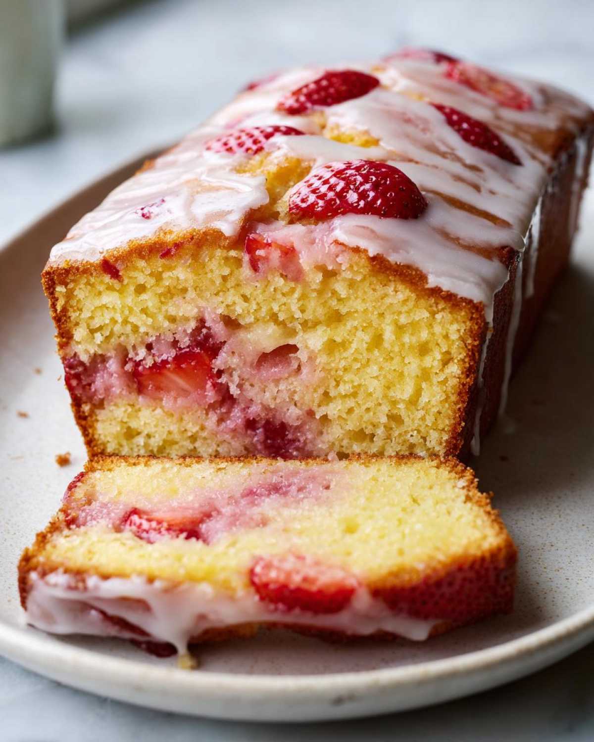 A sliced loaf of Gluten-Free Strawberry Lemon Pound Cake topped with white glaze and fresh strawberries.
