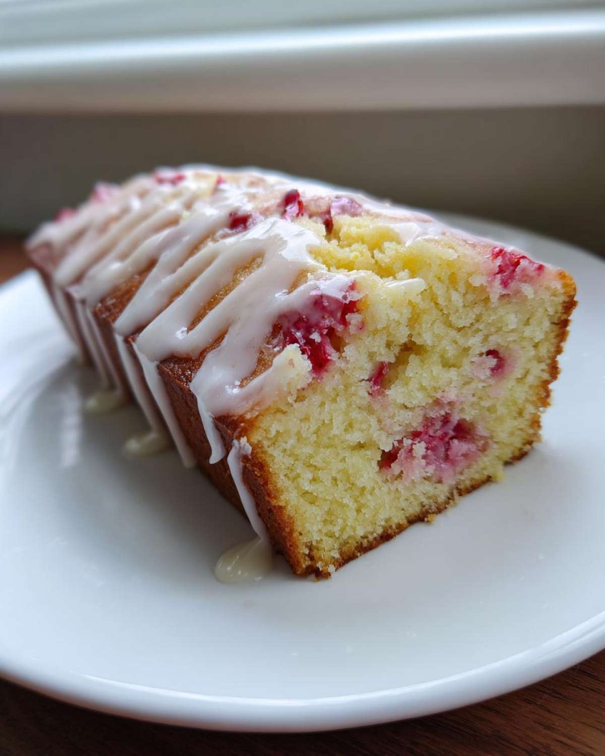 A slice of moist Gluten-Free Strawberry Lemon Pound Cake topped with a white lemon glaze, showing embedded strawberry pieces.