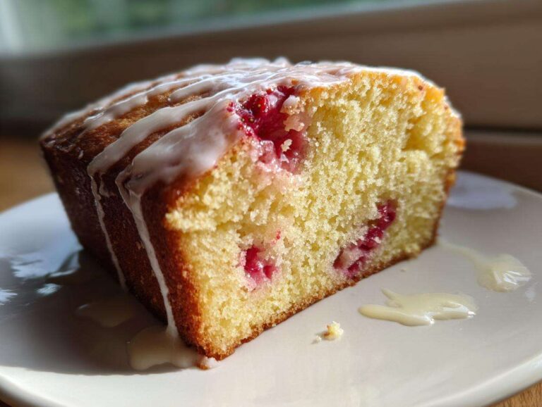 Close-up of a slice of moist Gluten-Free Strawberry Lemon Pound Cake topped with a white lemon glaze.