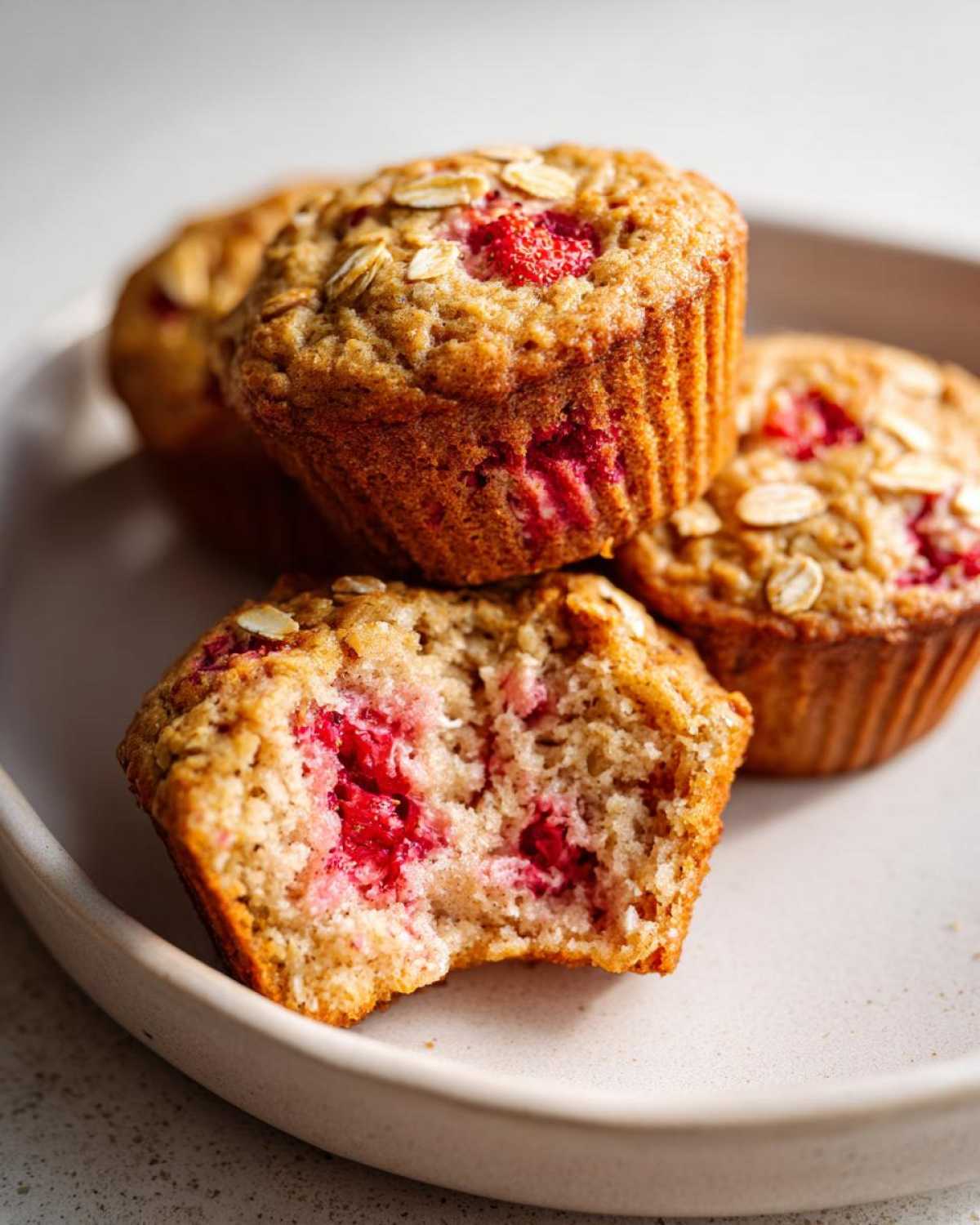 A close-up of several Gluten-Free Strawberry Oat Muffins, one of which has a bite taken out revealing the moist, strawberry-filled interior.