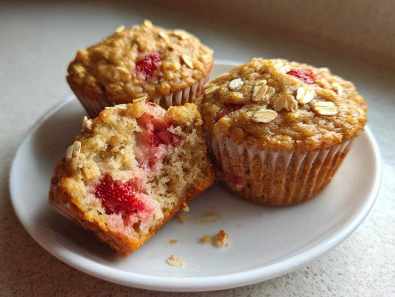 Three Gluten-Free Strawberry Oat Muffins on a white plate, one broken open showing moist interior and strawberries.