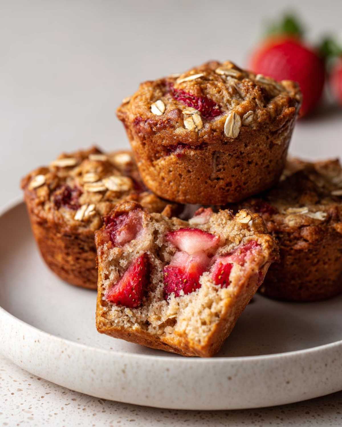 Close-up of Gluten-Free Strawberry Oat Muffins, one cut open showing chunks of strawberry inside.