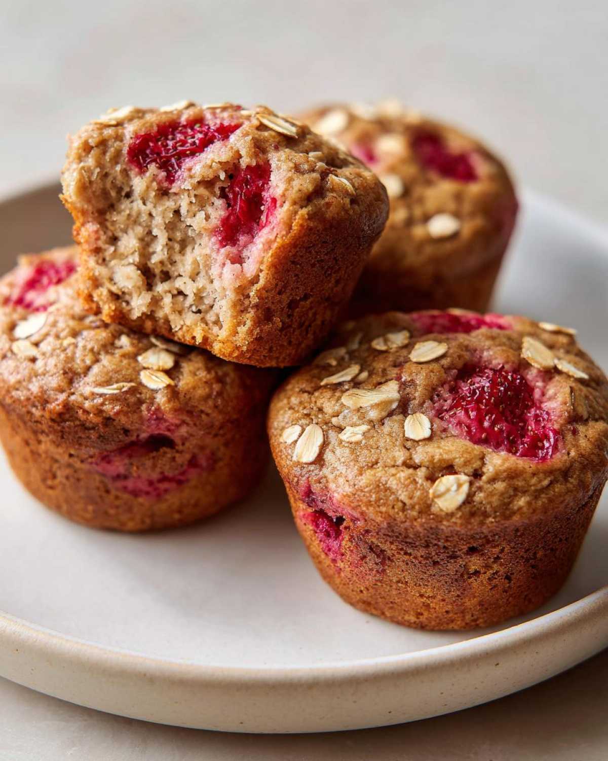 Four freshly baked Gluten-Free Strawberry Oat Muffins stacked on a plate, one broken open showing the moist interior and berries.