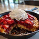 A close-up of a Gluten-Free Strawberry Shortcake Skillet topped with sliced strawberries and a large swirl of whipped cream.