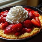 A warm Gluten-Free Strawberry Shortcake Skillet topped with macerated strawberries and whipped cream in a black cast iron pan.