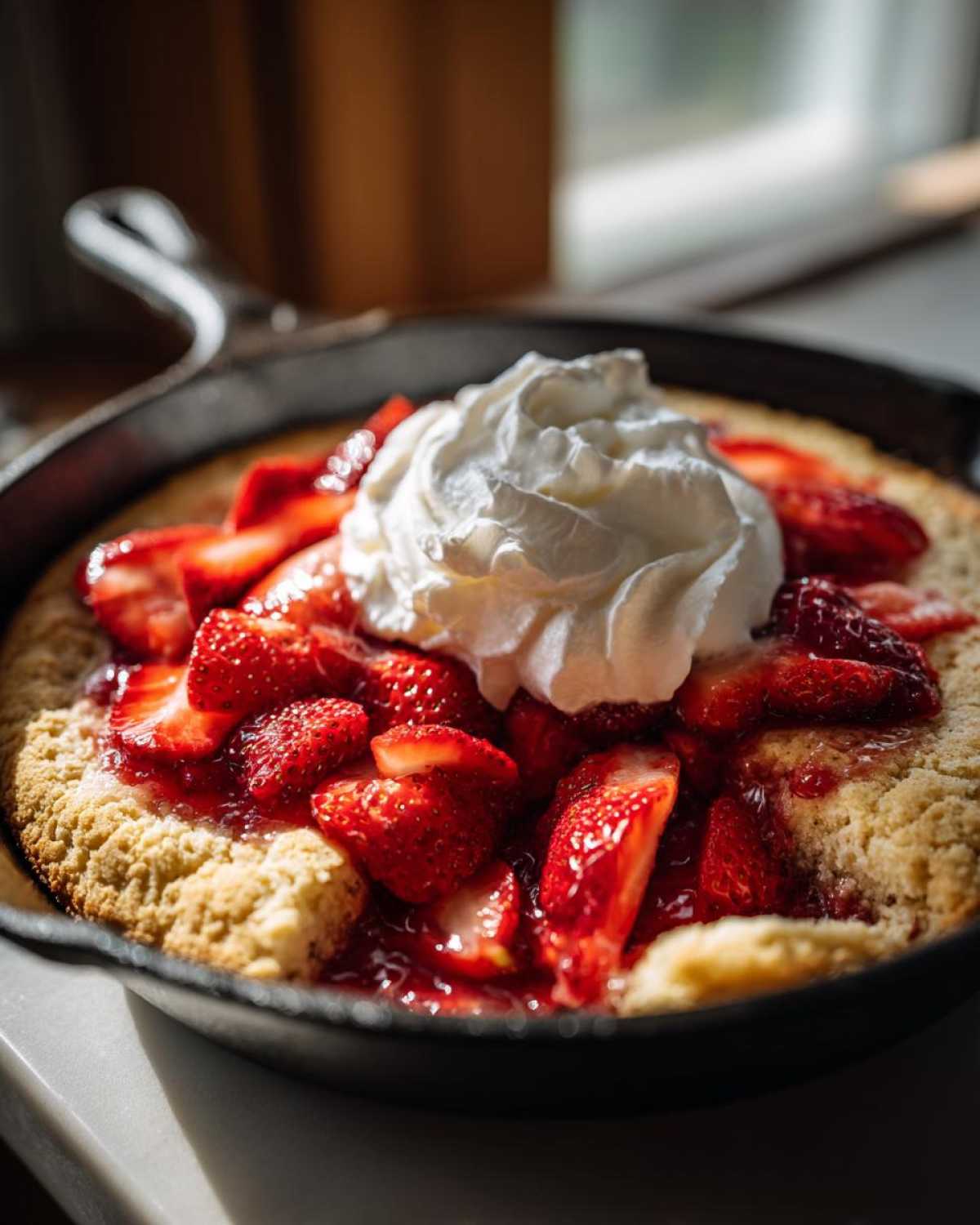 Close-up of a warm Gluten-Free Strawberry Shortcake Skillet topped with macerated strawberries and a dollop of whipped cream.