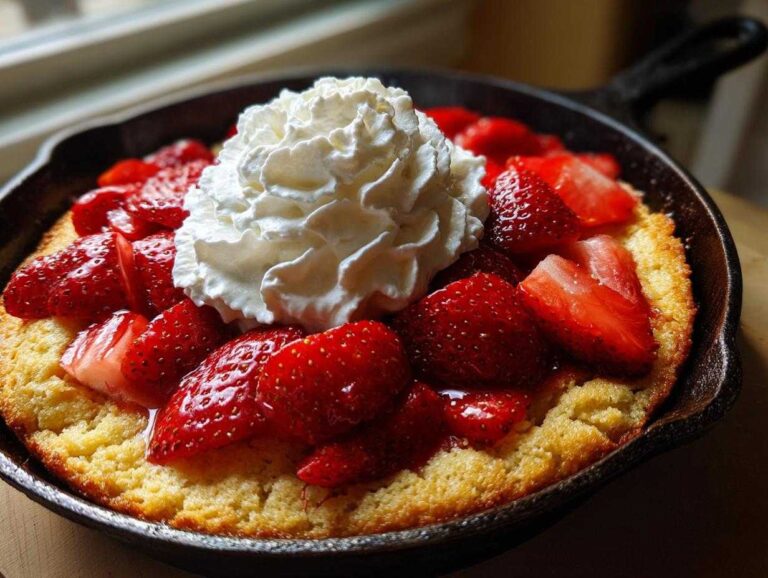 A warm Gluten-Free Strawberry Shortcake Skillet topped with macerated strawberries and whipped cream in a black cast iron pan.