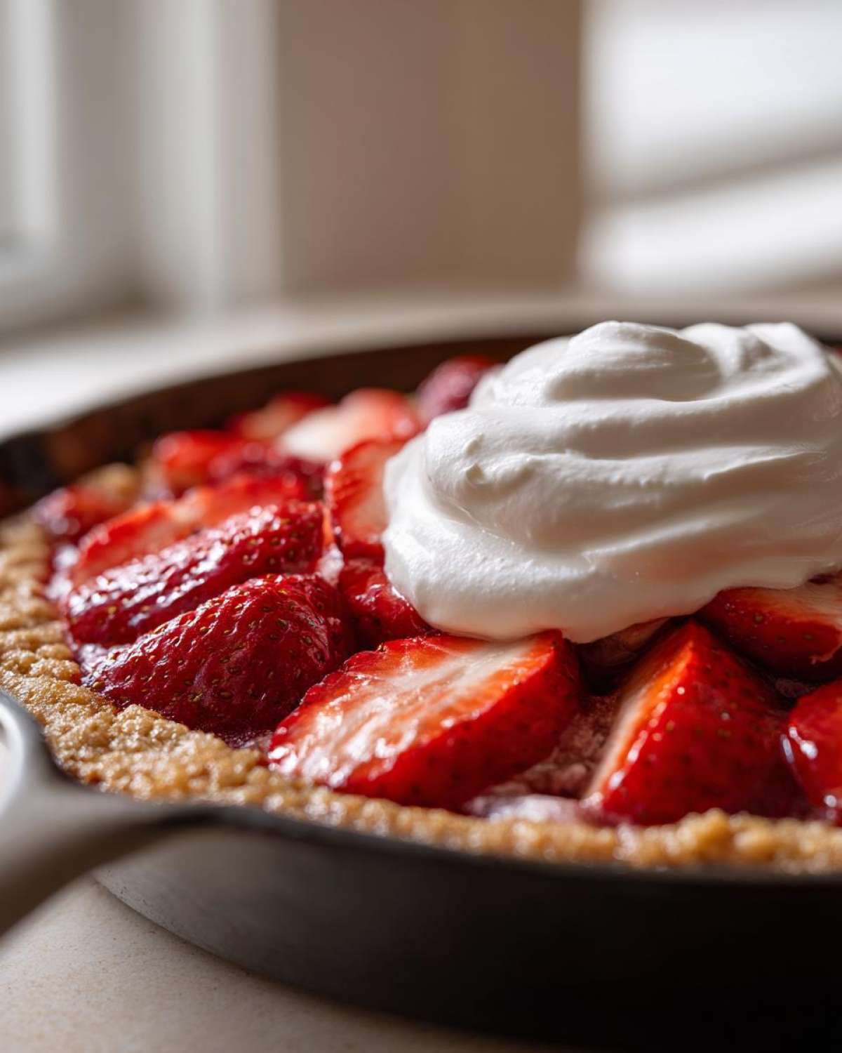 Close-up of a warm Gluten-Free Strawberry Shortcake Skillet topped with fresh sliced strawberries and a large dollop of whipped cream.