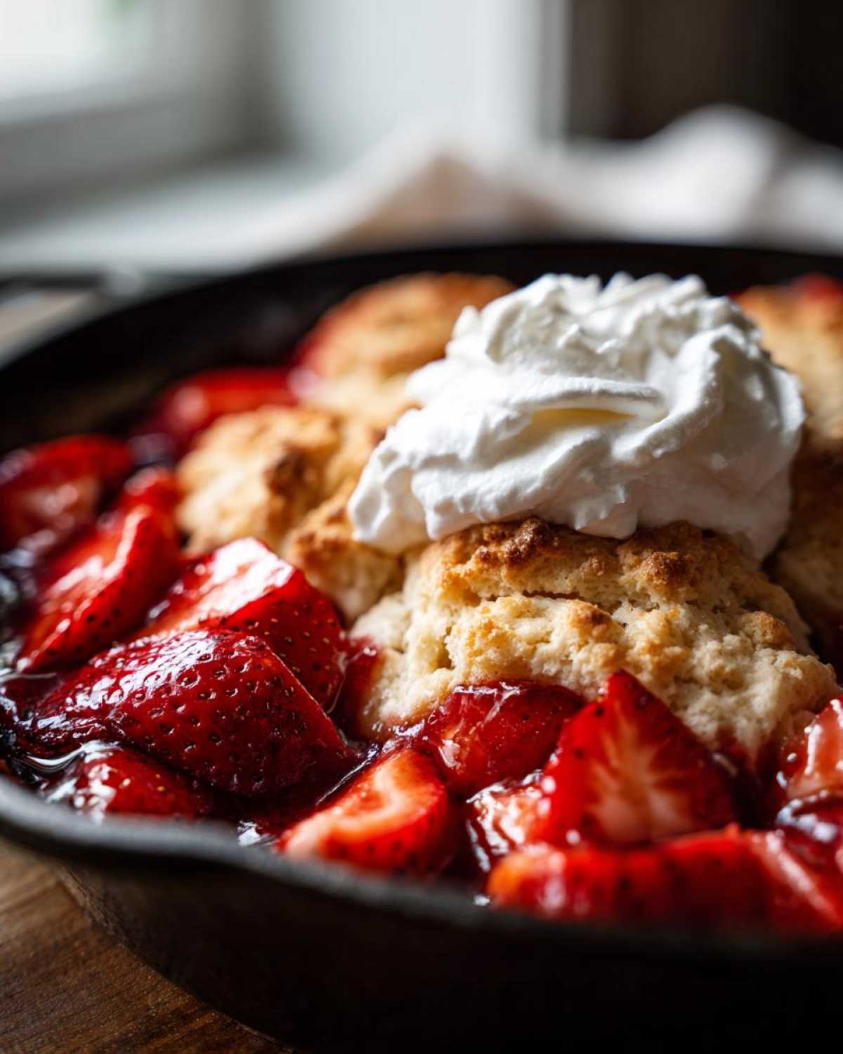 Close-up of warm Gluten-Free Strawberry Skillet topped with a dollop of fresh whipped cream.