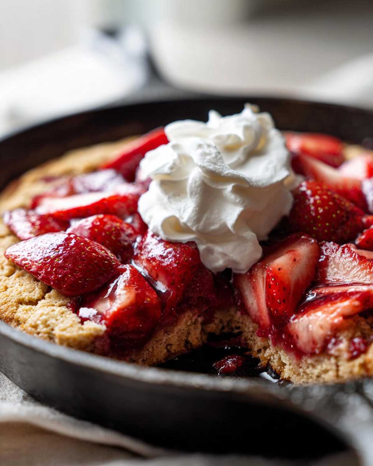 Close-up of a warm Gluten-Free Strawberry Shortcake Skillet topped with fresh strawberries and a dollop of whipped cream.