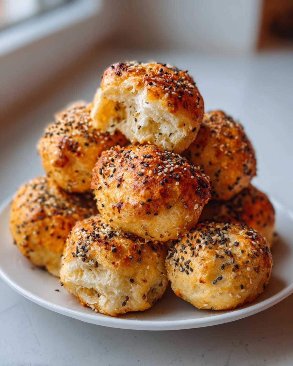 A stack of golden-brown High-Protein Cottage Cheese Bagel Bites topped with everything bagel seasoning on a white plate.