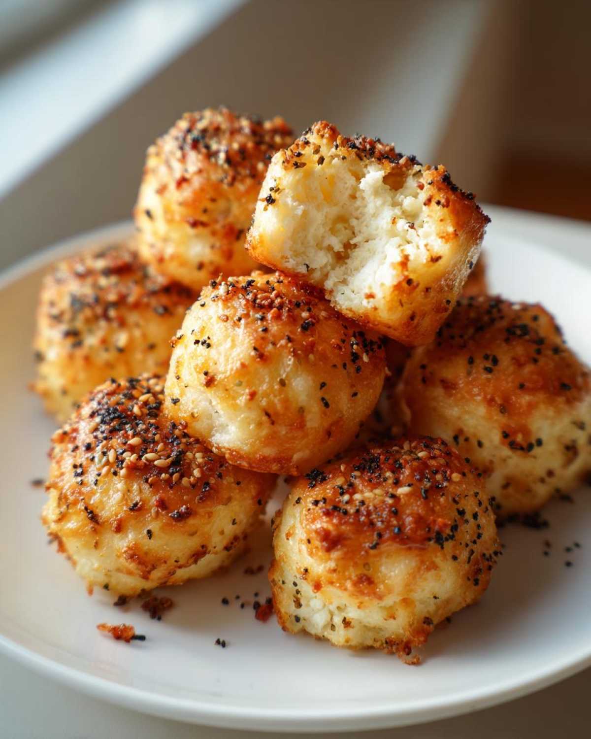 A stack of golden-brown High-Protein Cottage Cheese Bagel Bites topped with everything bagel seasoning, one is broken open.