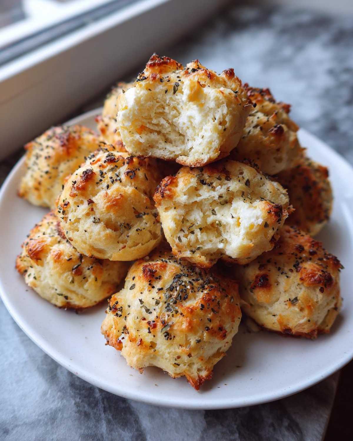 A stack of golden-brown High-Protein Cottage Cheese Bagel Bites seasoned with herbs, one partially eaten.