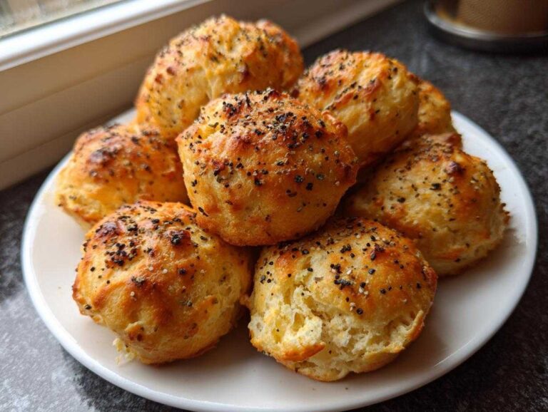 A stack of golden baked High-Protein Cottage Cheese Bagel Bites topped with everything bagel seasoning on a white plate.