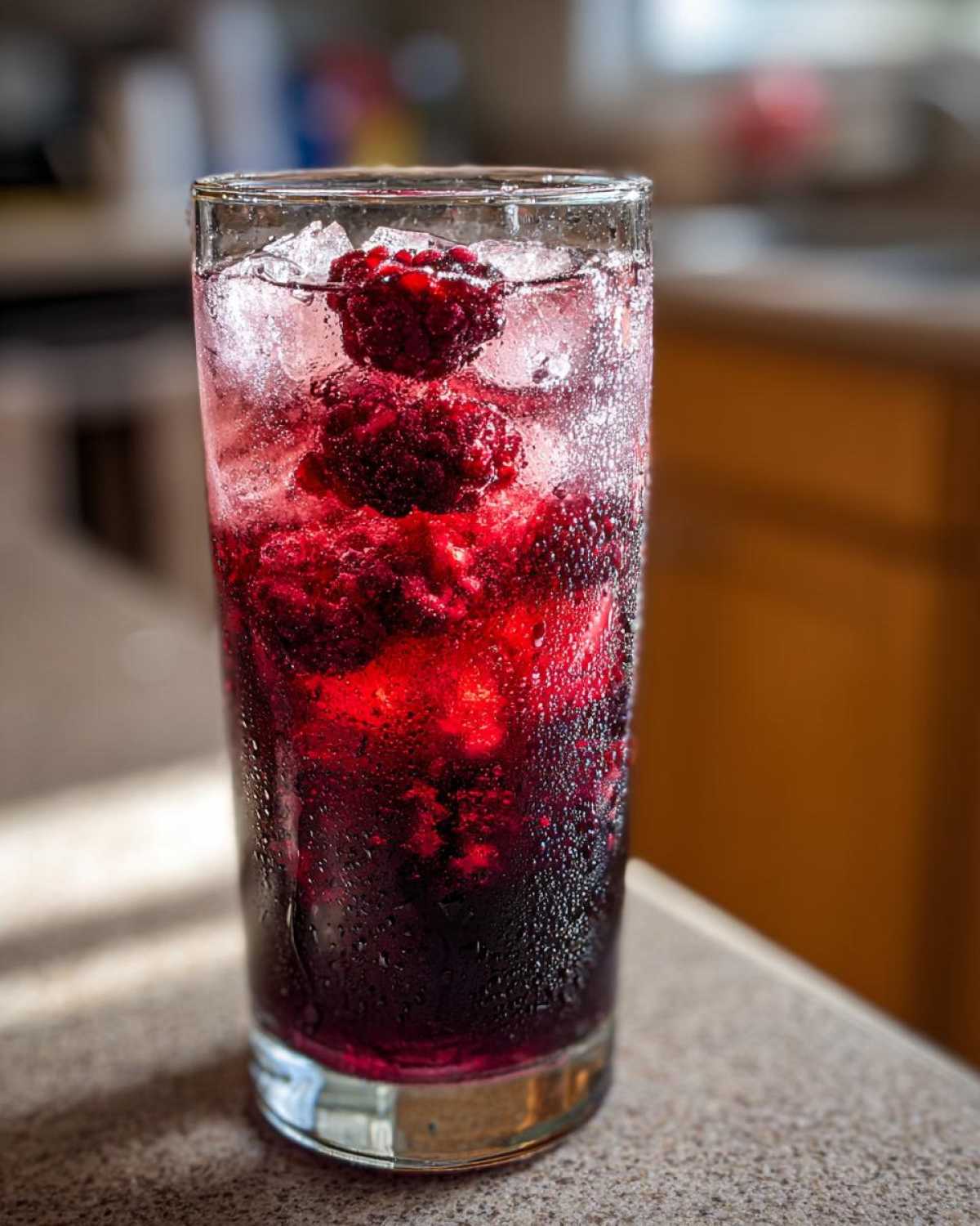 Close-up of a tall, sweating glass filled with Iced Blackberry Sage Tea, ice, and whole blackberries.