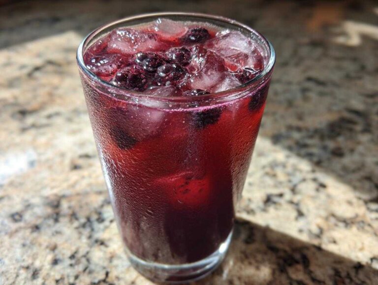Close-up of a tall, sweating glass filled with vibrant Iced Blackberry Sage Tea, ice cubes, and whole blackberries.