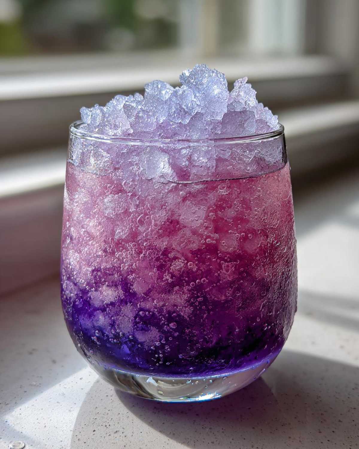 Close-up of a vibrant, layered Iced Blueberry Lemonade Slush topped with crushed ice.