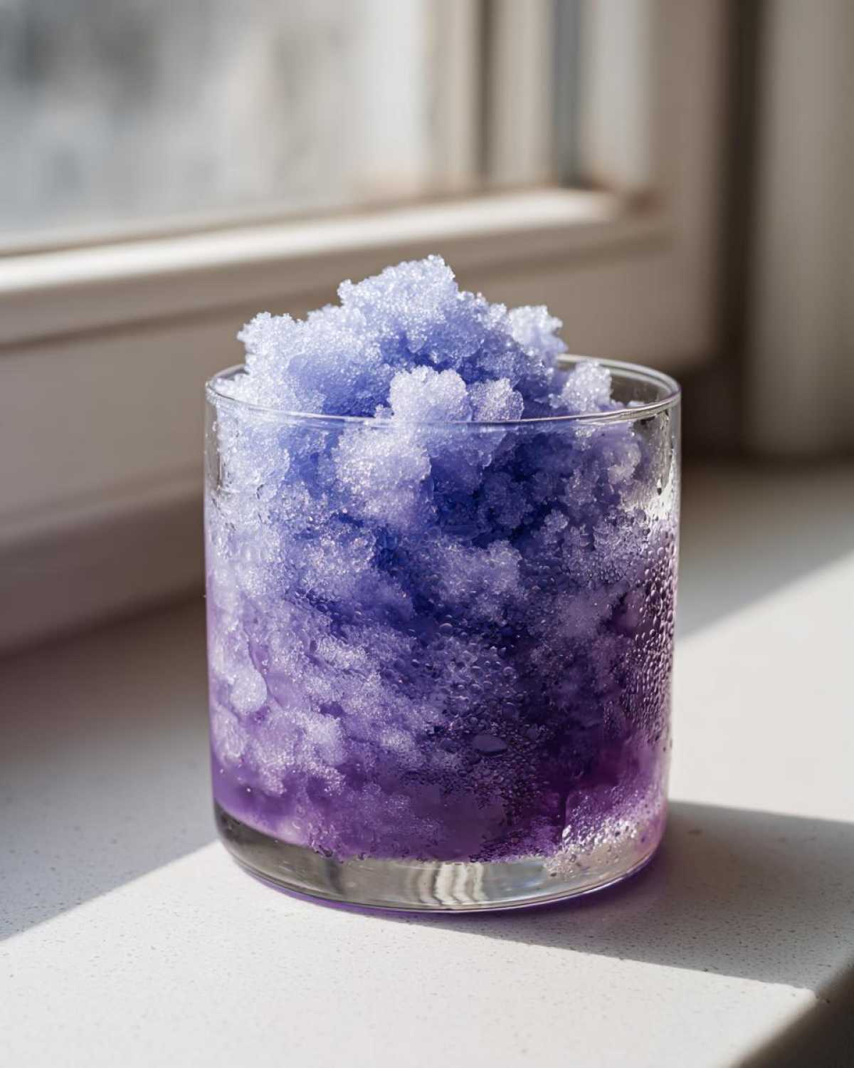 Close-up of a glass filled with vibrant purple Iced Blueberry Lemonade Slush sitting on a sunny white windowsill.