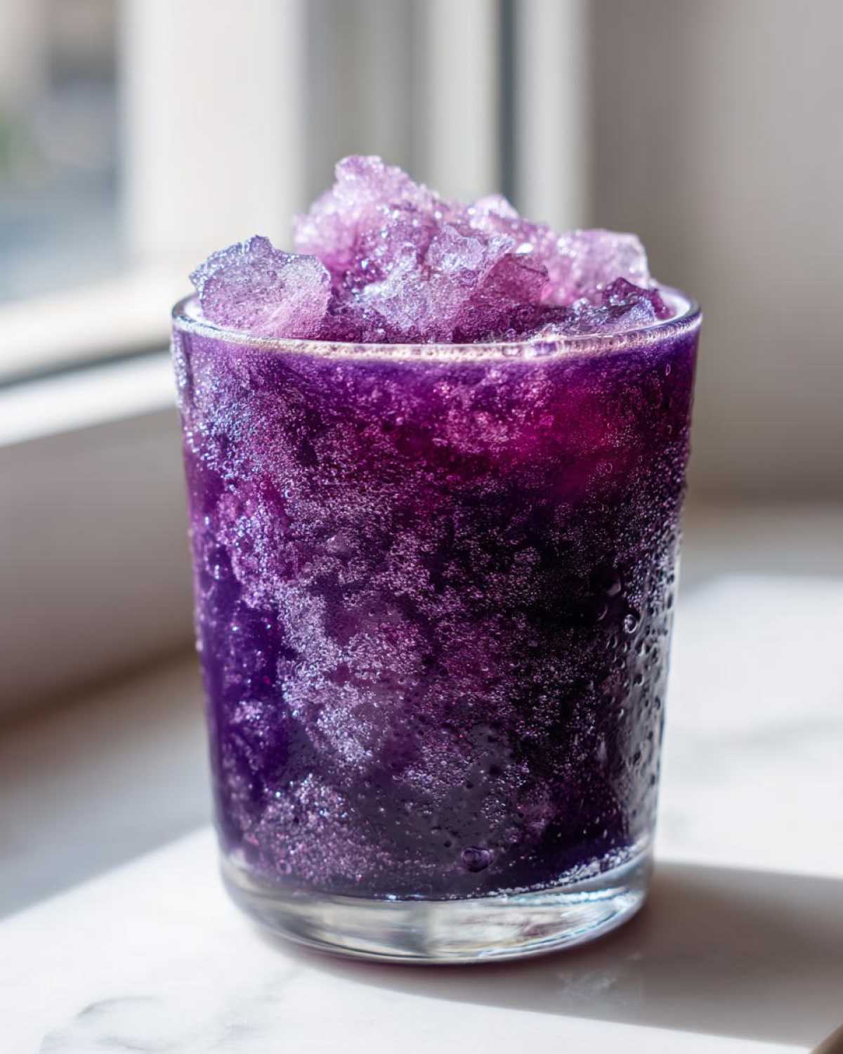 Close-up of a frosty glass filled with vibrant purple Iced Blueberry Lemonade Slush topped with crushed ice.