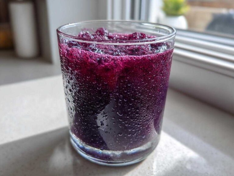 A close-up of a vibrant, deep purple Iced Blueberry Lemonade Slush in a sweating glass, sitting on a bright windowsill.