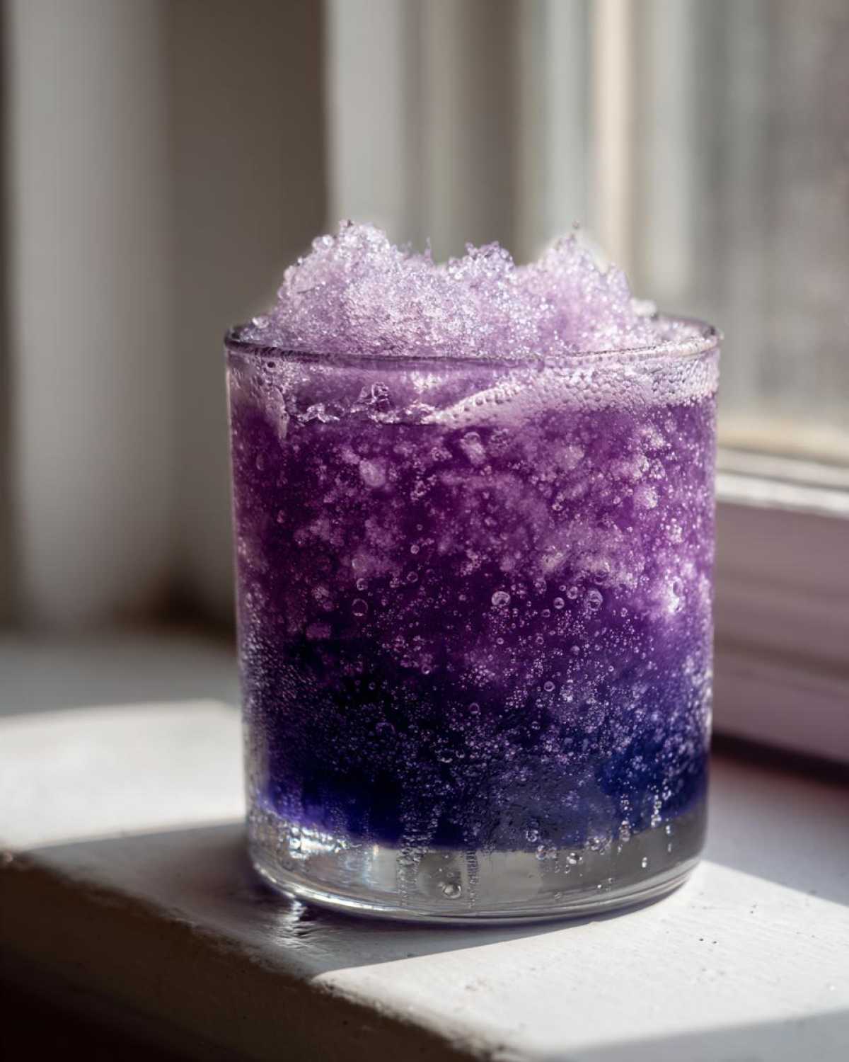 Close-up of a vibrant purple Iced Blueberry Lemonade Slush with crushed ice piled high in a glass.