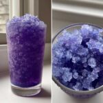 A split image showing a tall glass filled with vibrant purple, icy Iced Blueberry Lemonade Slush, with a close-up of the crushed ice texture.