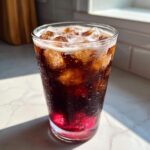 A tall, sweating glass filled with Iced Cherry Vanilla Cold Brew, showing dark coffee over bright red cherry syrup and ice.