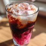 Close-up of a tall glass filled with Iced Cherry Vanilla Cold Brew, showing layers of pink syrup, dark coffee, and ice cubes.