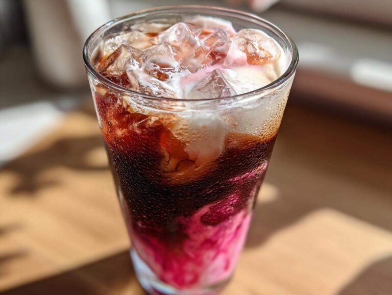 Amazing 2-Minute Iced Cherry Vanilla Cold Brew Close-up of a tall glass filled with Iced Cherry Vanilla Cold Brew, showing layers of pink syrup, dark coffee, and ice cubes.