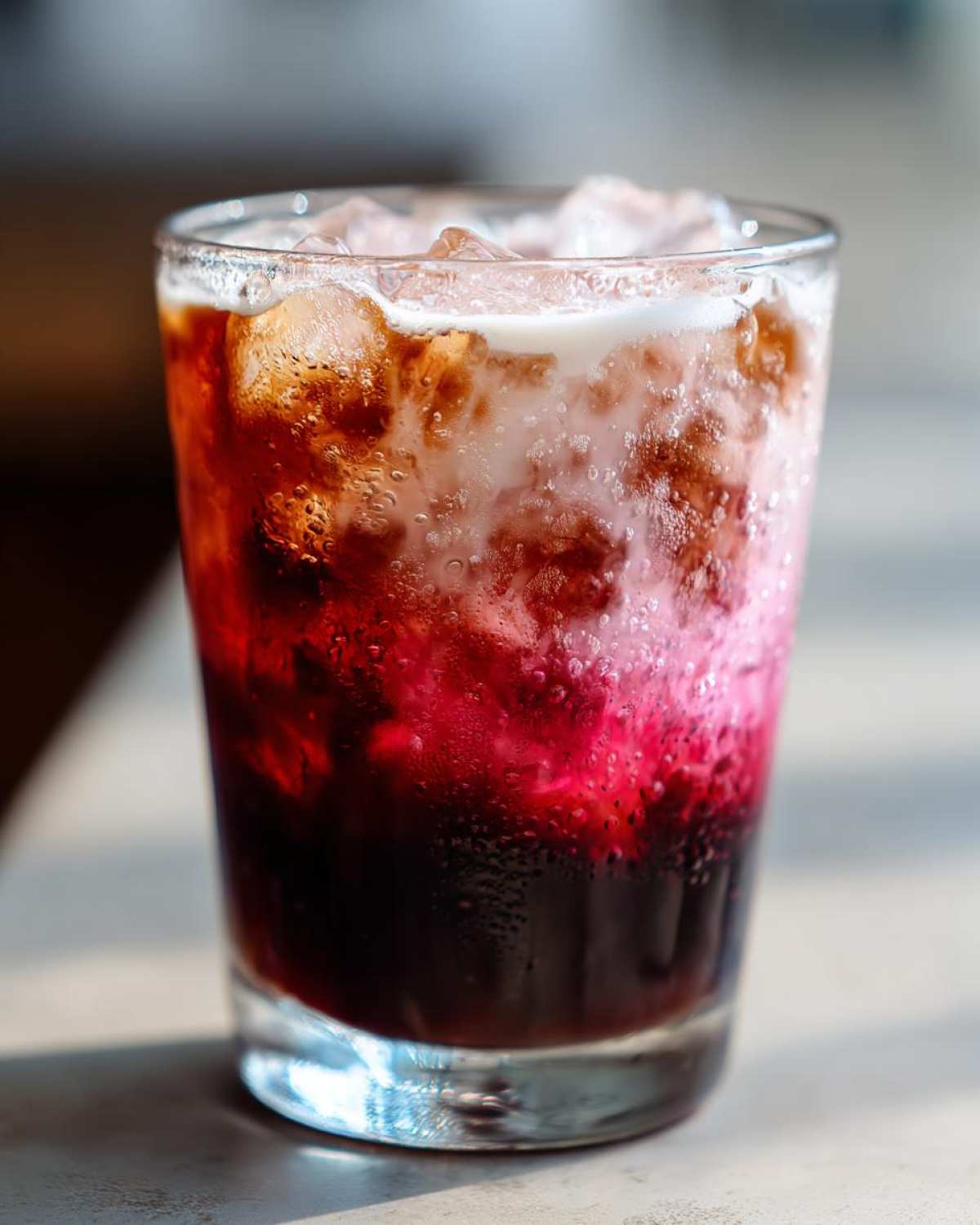 Close-up of a layered Iced Cherry Vanilla Cold Brew with dark coffee, bright red cherry syrup, and creamy foam over ice.