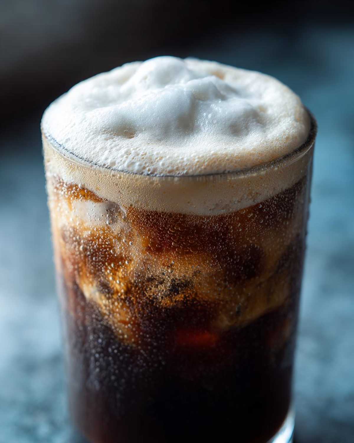 Close-up of a tall glass filled with Iced Coconut Mocha with Cold Foam, showing condensation on the glass.