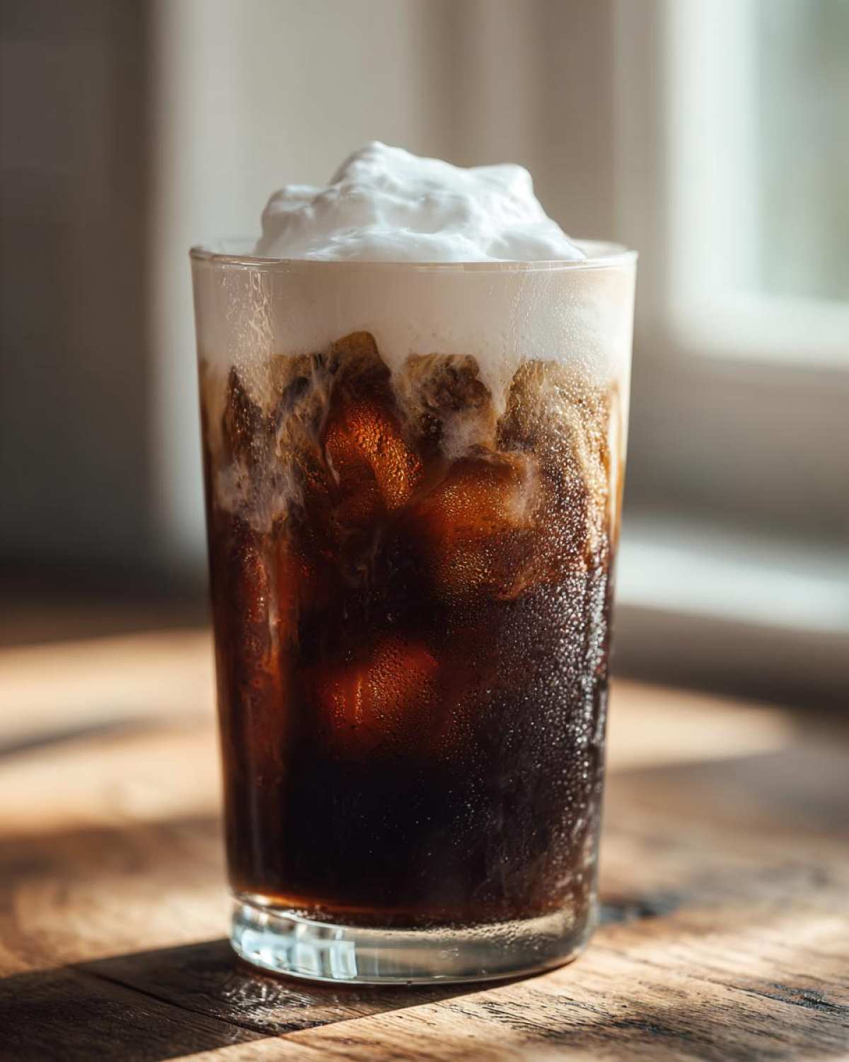Close-up of a refreshing Iced Coconut Mocha with Cold Foam topping, condensation on the glass.