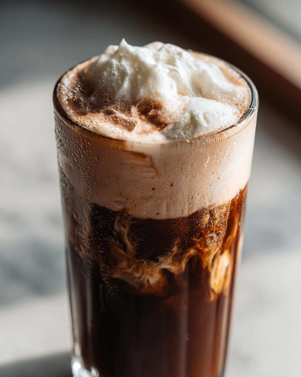 A tall glass of Iced Coconut Mocha with Cold Foam showing dark coffee swirling with cream and topped with thick white foam.