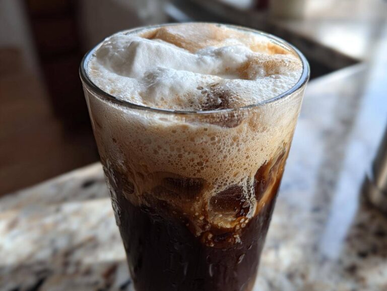 3 Amazing Iced Coconut Mocha with Cold Foam Close-up of a tall glass filled with Iced Coconut Mocha with Cold Foam, showing dark coffee and thick white foam.