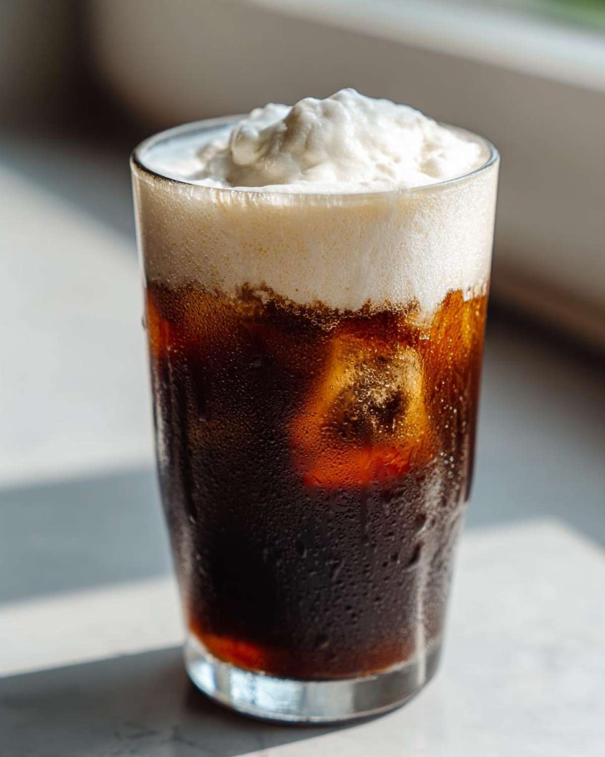A tall glass of Iced Coconut Mocha with Cold Foam, showing condensation and a thick layer of white foam on top.
