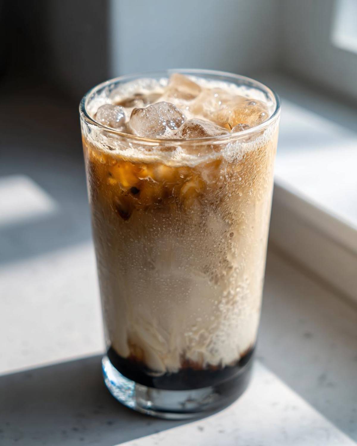 Close-up of a tall glass filled with an Iced Honey Vanilla Latte with Oat Milk, ice cubes, and layered coffee.