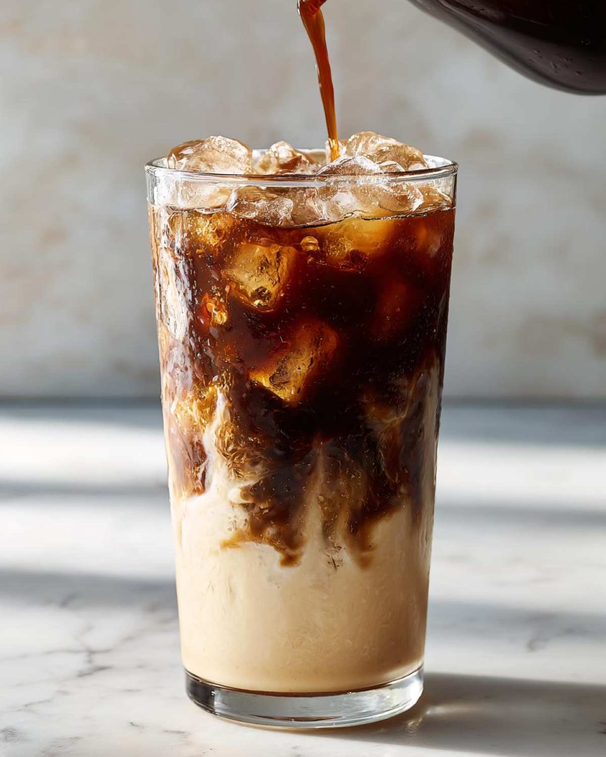 Pouring espresso over ice and oat milk to create an Iced Honey Vanilla Latte with Oat Milk.