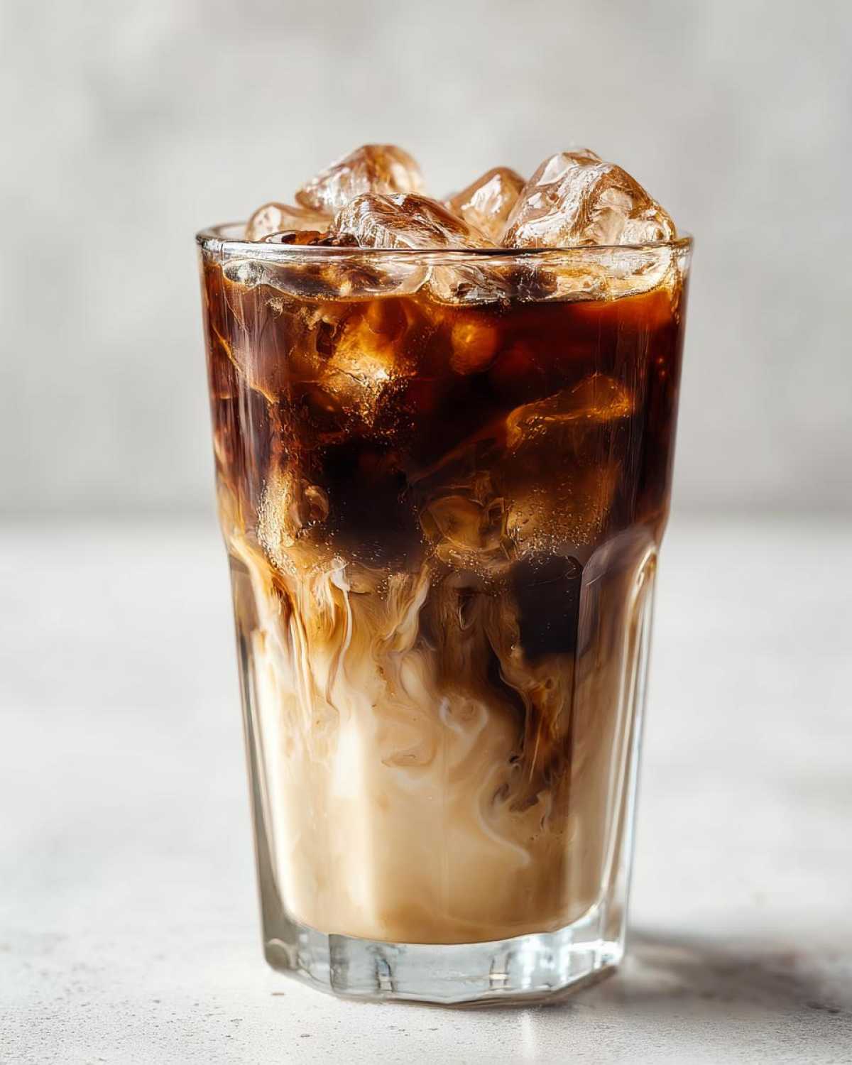 Close-up of an Iced Honey Vanilla Latte with Oat Milk showing espresso swirling into the milk and ice cubes on top.