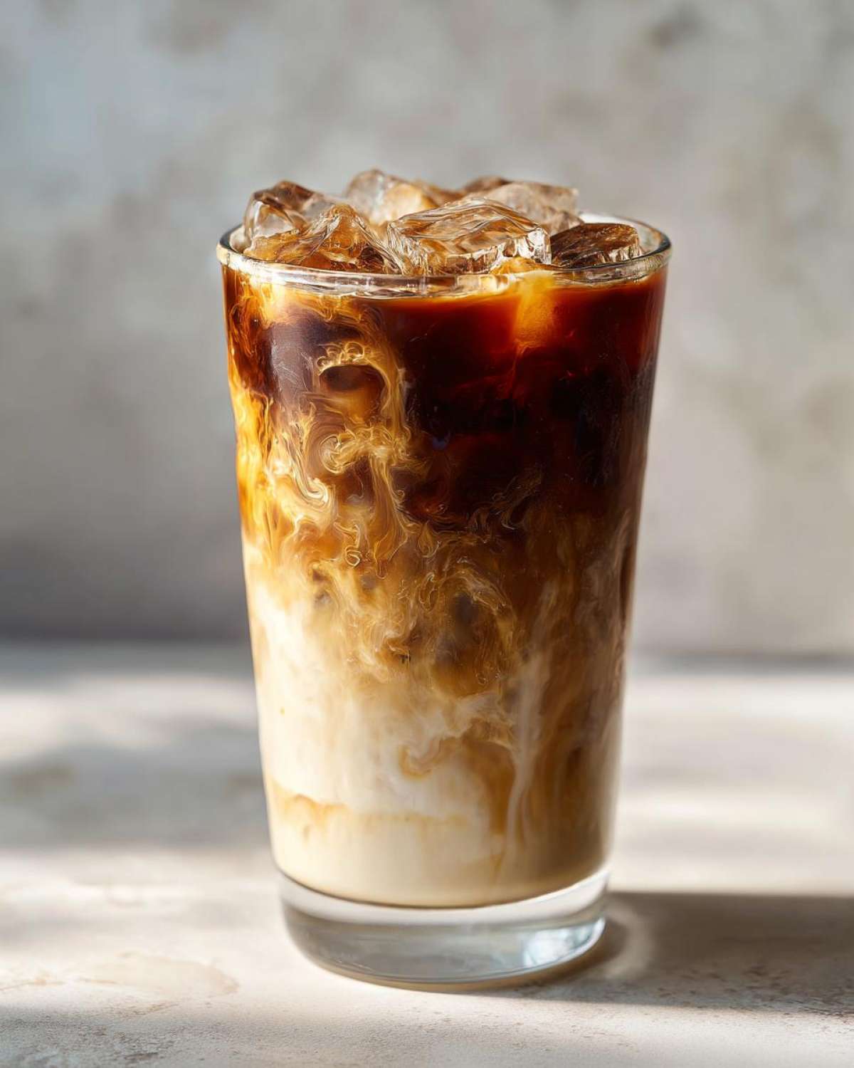 Close-up of an Iced Honey Vanilla Latte with Oat Milk showing rich coffee swirling dramatically into the white oat milk and ice.