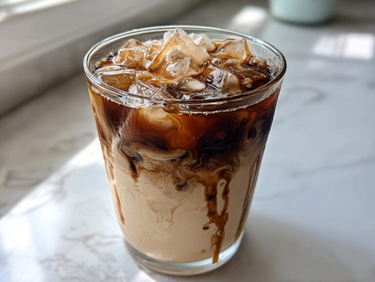 A tall glass showing the beautiful layering of dark espresso mixing with creamy oat milk in an Iced Honey Vanilla Latte with Oat Milk.