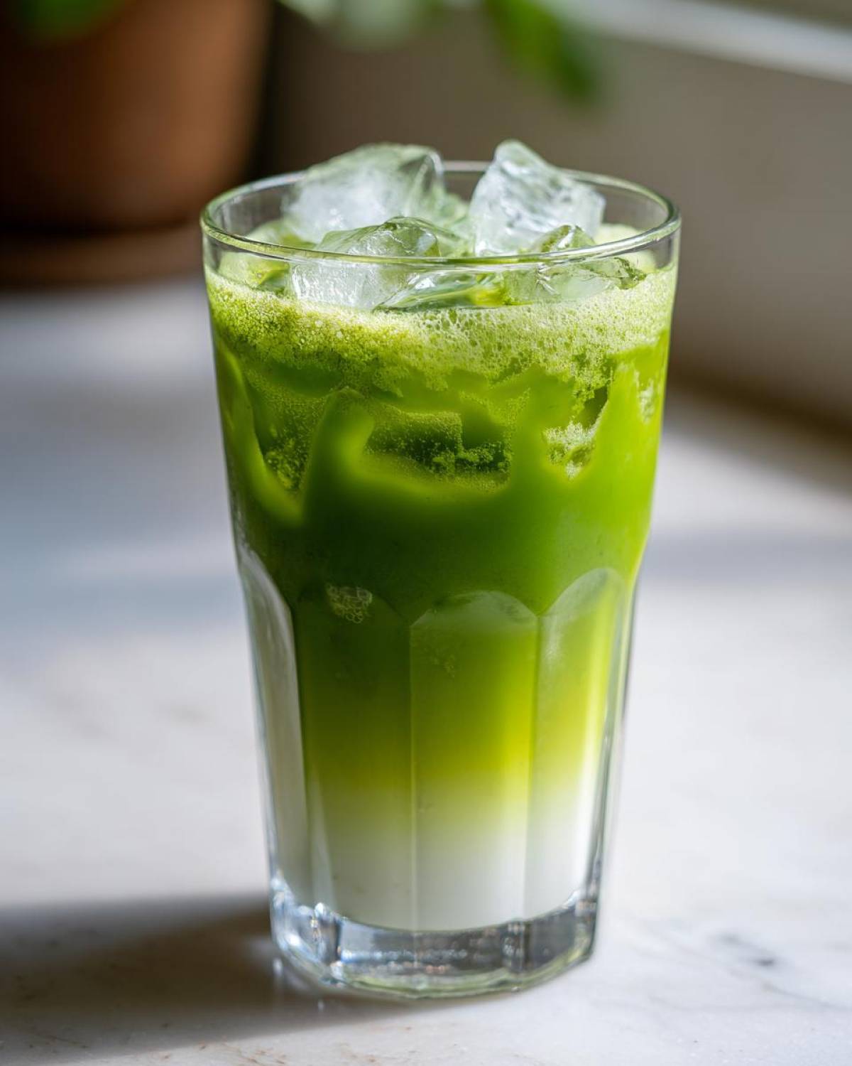 A tall glass filled with an Iced Matcha Pineapple Refresher showing layered green matcha over white milk and ice.