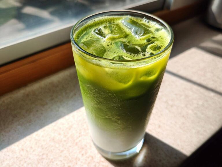 A tall glass of layered Iced Matcha Pineapple Refresher with ice cubes, sitting in bright sunlight.